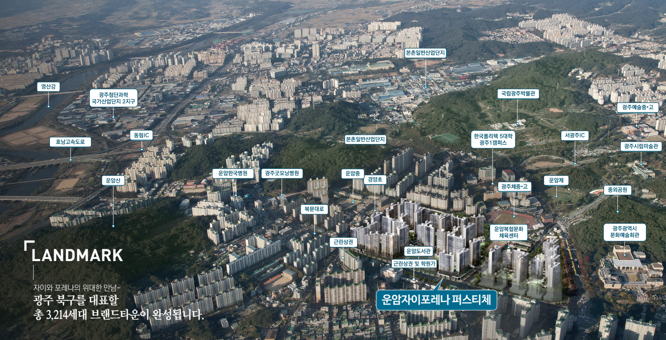 운암 자이 포레나 퍼스티체 실제 항공뷰 - 광주 북구 운암동 실제 위치와 주변 환경